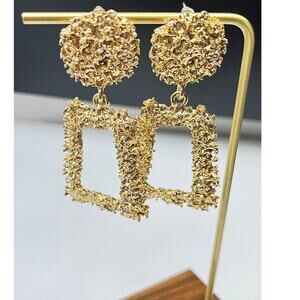 Statement Gold Textured Molten Square Dangle Earrings 90’s Style
